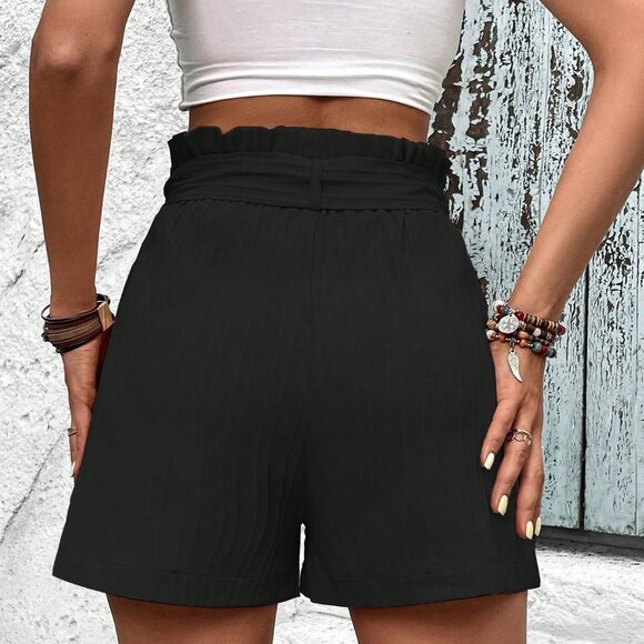 Black Casual Women's Paperbag Waist Belted Wide Leg Shorts - Picture 2 of 6